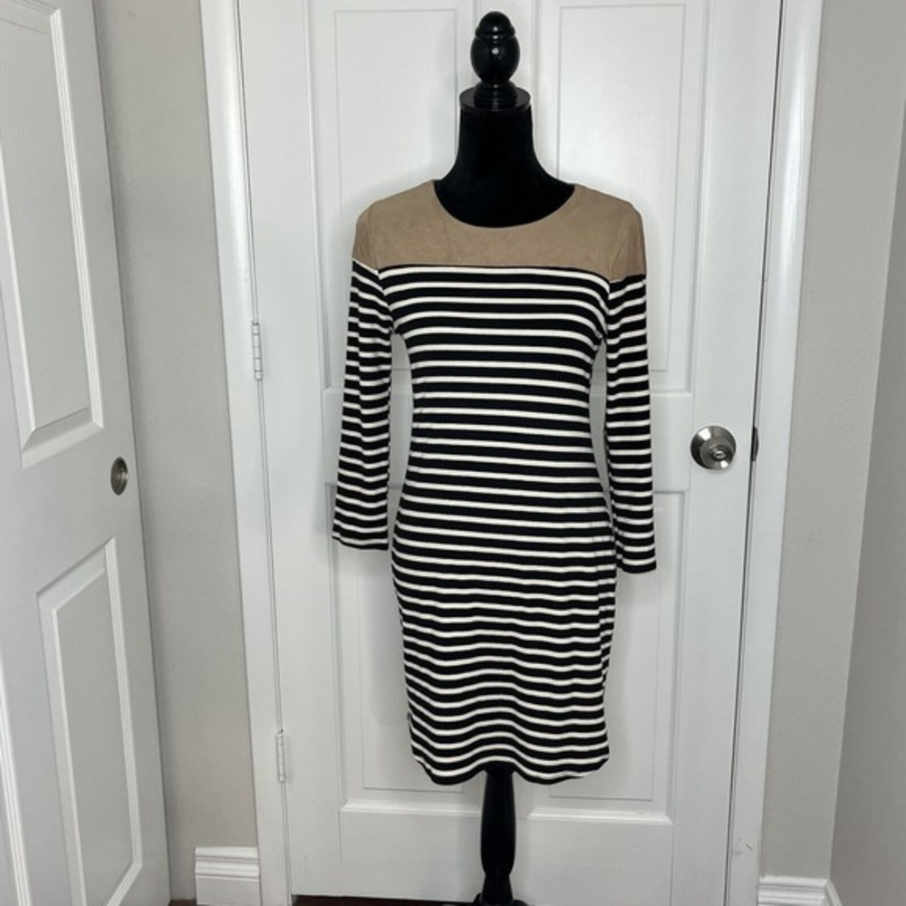 Shopia & Zeke Dress Womens Medium Stripped Faux Suede Elbow Patches Long Sleeve‎